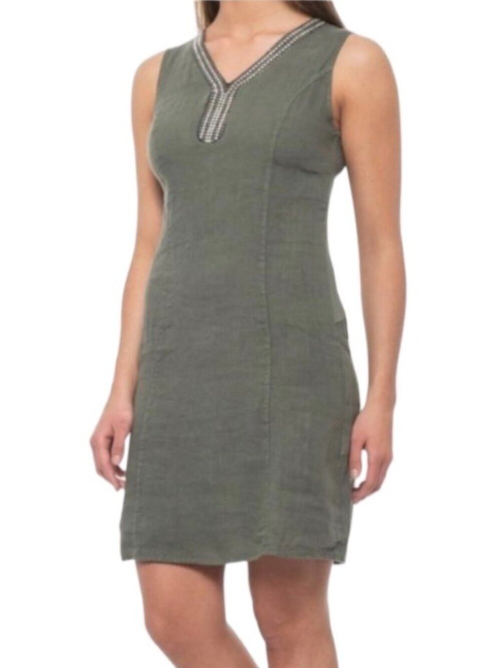 Lina Tomei Fango Linen Dress V Neck Sleeveless Rhinestone Neckline Italy Medium